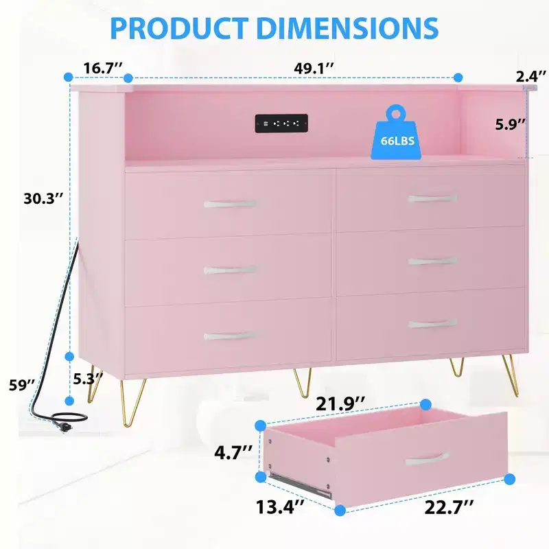Pink Dresser 6 Drawers Wooden Dressers with Open Space, Modern Chest of Double Wide Drawers for Living Room, Entryway, Hallway TV Stand