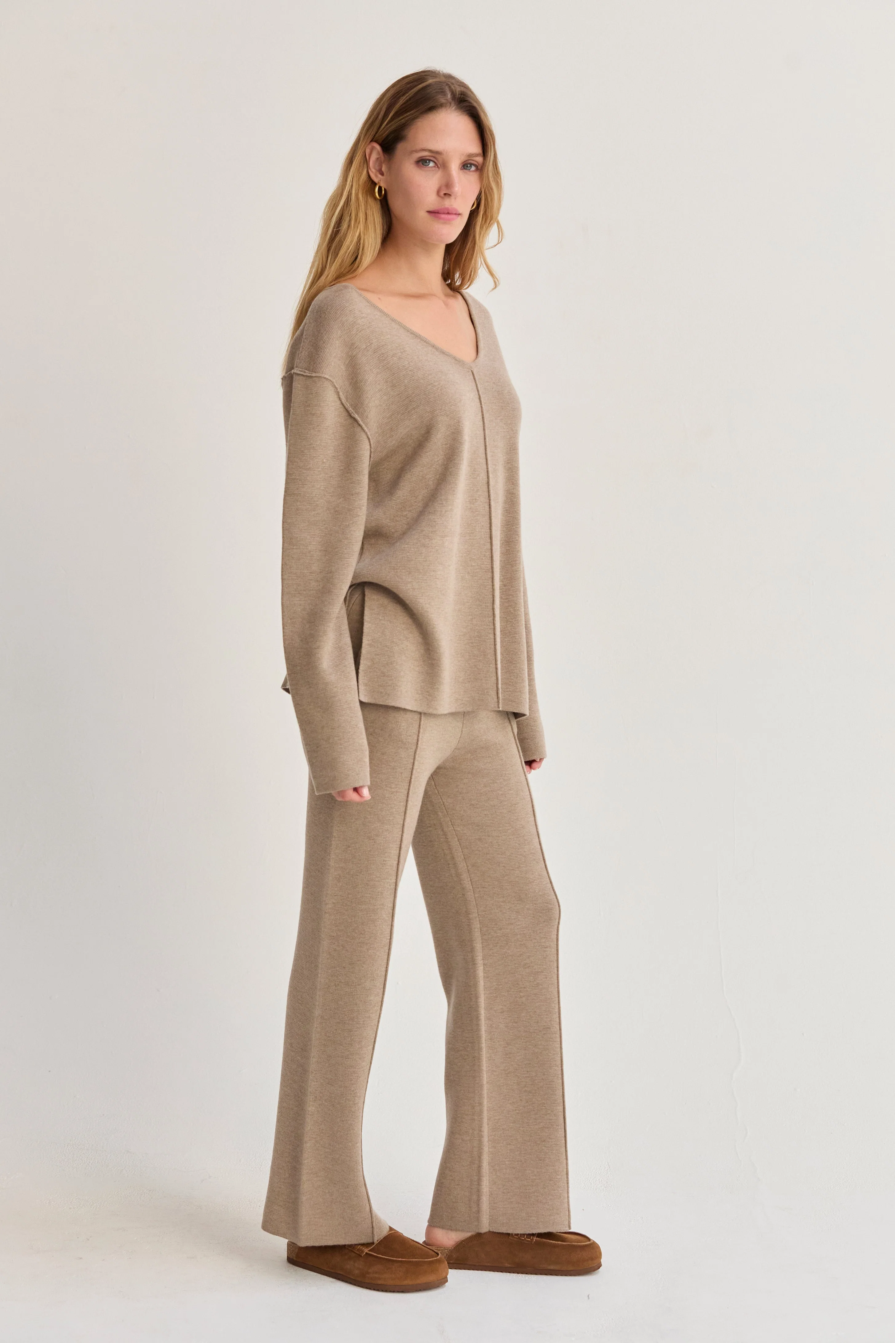 Lounge Sweater Knit Wide Leg Flare Pants with Drawstring Waist