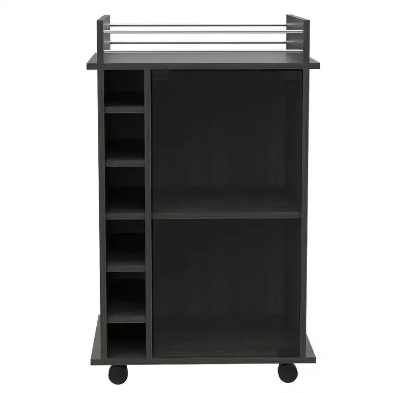 TUHOME Portable Dukat Wine and Liquor Bar Storage Display Cabinet Cart with Glass Door, 4 Wheels, 2 Shelves, and 6 Cubbies