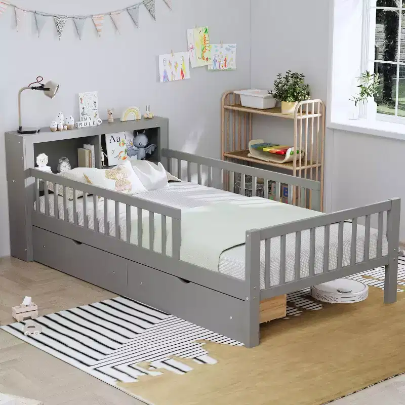 Wood Twin Size Platform Bed with 2 Storage Drawers and Guardrails for Kids