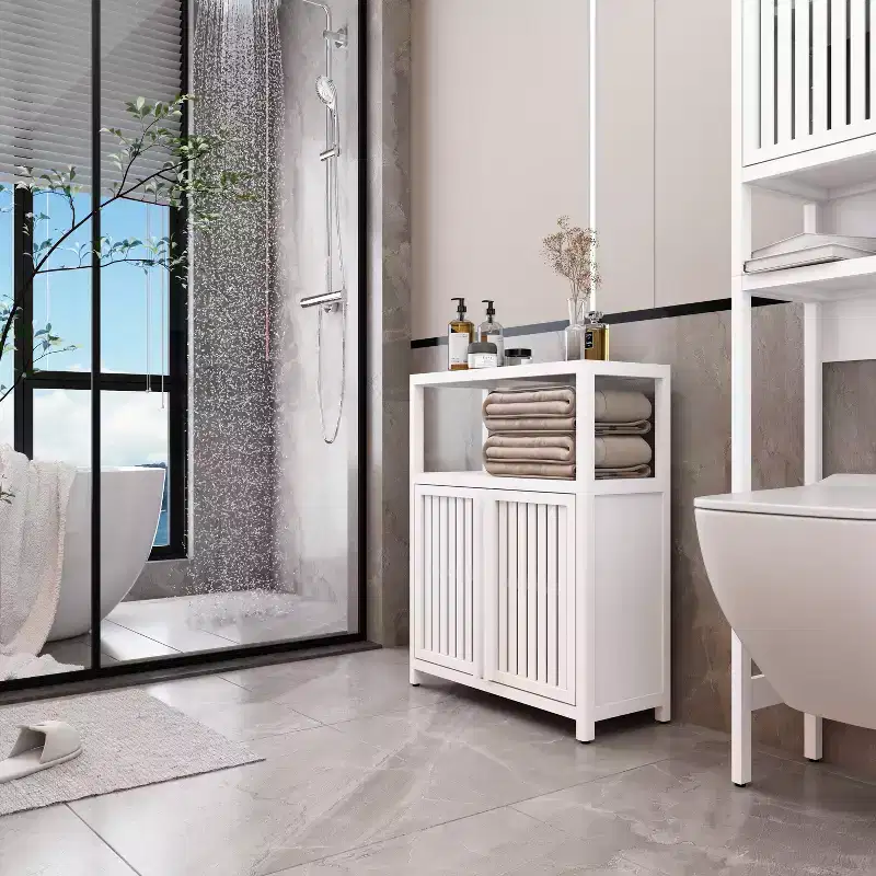 MAYEERTY White Large Bamboo Storage Cabinet Furniture for Bathroom Living Room with Shelves 1pcs