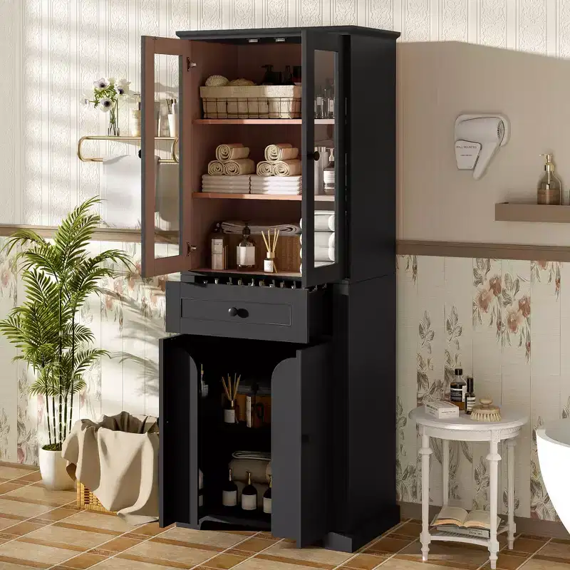 Clihome 67.57 Tall Bathroom Storage Cabinet with Adjustable Shelves & Drawer  Modern Freestanding Linen Tower, Soft-Close Design