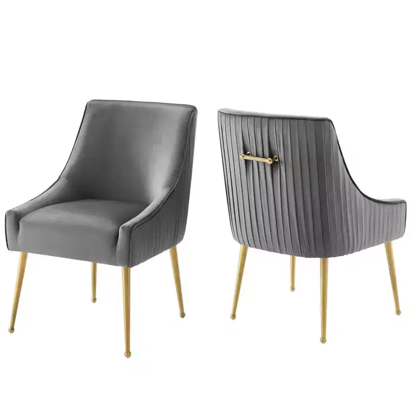 Set of 2 Pleated Back Upholstered Performance Velvet Dining Chairs, Brushed Gold Legs