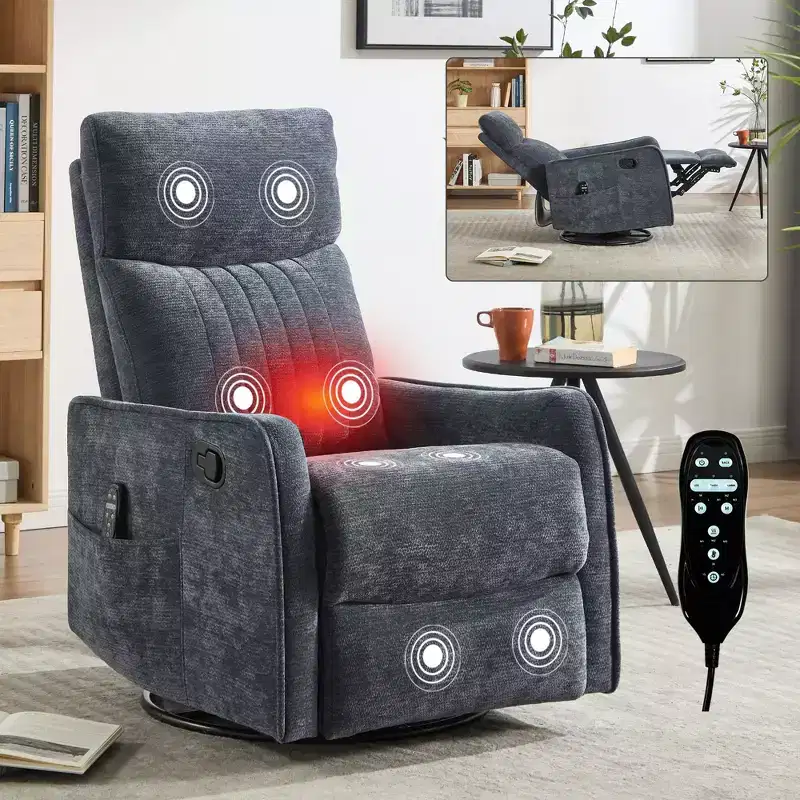 Orange Chenille Heat Massage Manual Recliner Chair with Rocker and Swivel in Fabric for Living Room