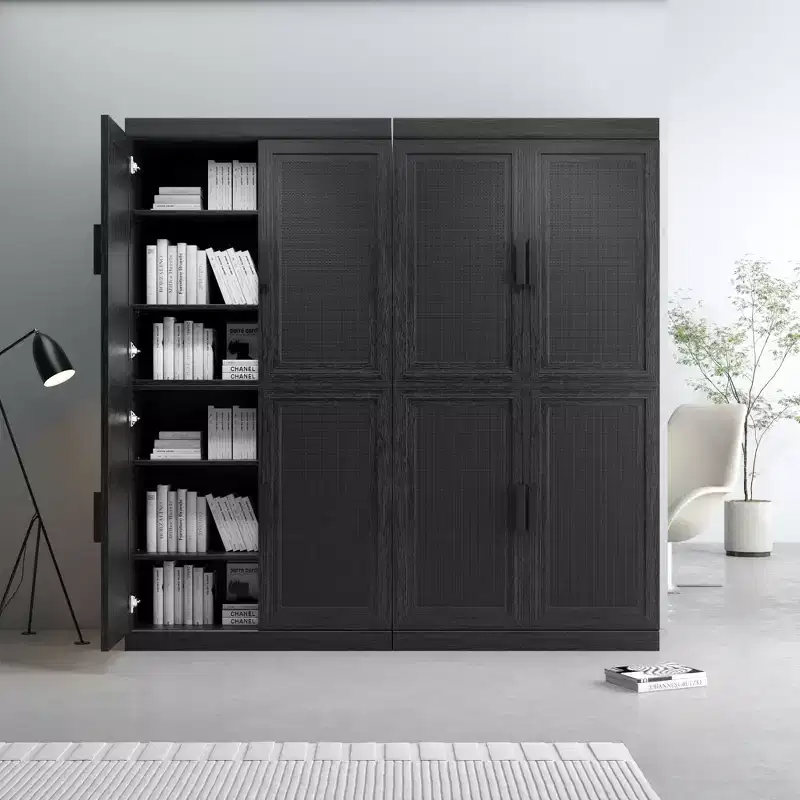 62x62x16 Wood Grain Buffet Cabinet in Black, Storage Organizer with Adjustable Shelves and Rattan Doors for Kitchen Bedroom Living/Dinning Room