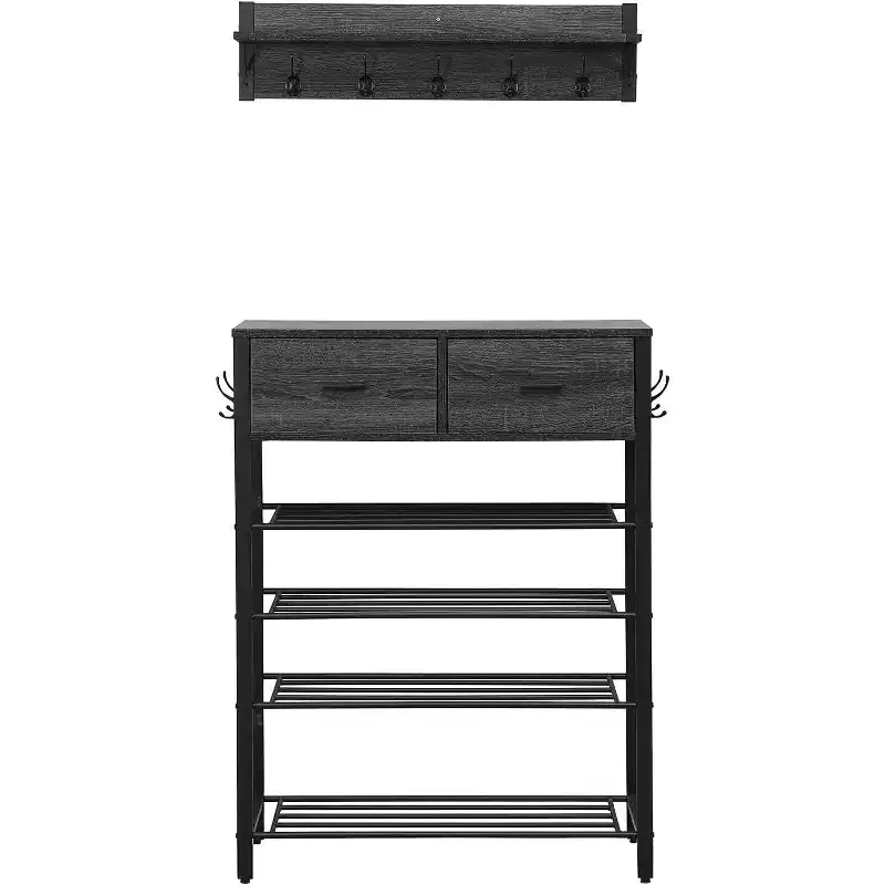 Space-Saving Shoe Rack Organizer, 4-Tier Shelves + 2 Drawers, 31.5 Wide Entryway Storage Unit with Hooks, Modern Design