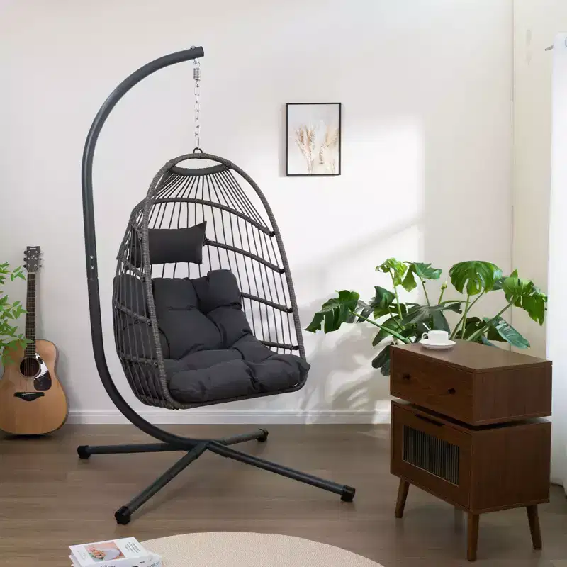Okak Outdoor Egg Chair with Stand, Hanging Chair with Wicker Seat, Porch Chairs with Cushions for Backyard, Garden, Patio