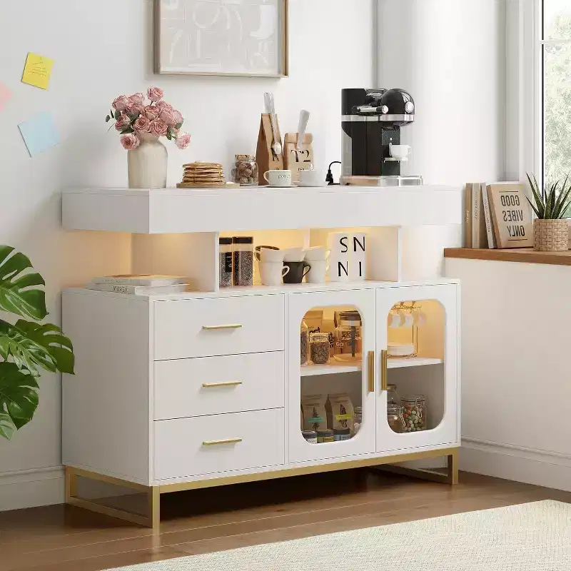 Modern Sideboard with Auto-Sensor RGB LED Lights & Charging Station, 40 Buffet Cabinet Coffee Bar Table with 3 Drawers & 2 Doors