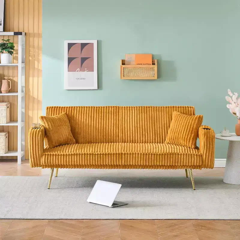 MAYEERTY Straight Corduroy Sofa Bed with Pillows Adjustable in The Three Levels for Use In Living Room Orange