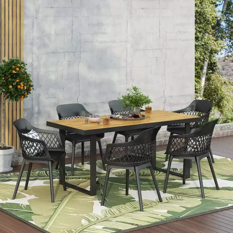 Christopher Knight Home Trinity Outdoor 7 Piece Polypropylene Resin and Acacia Wood Dining Set with 70 Table, Black and Teak