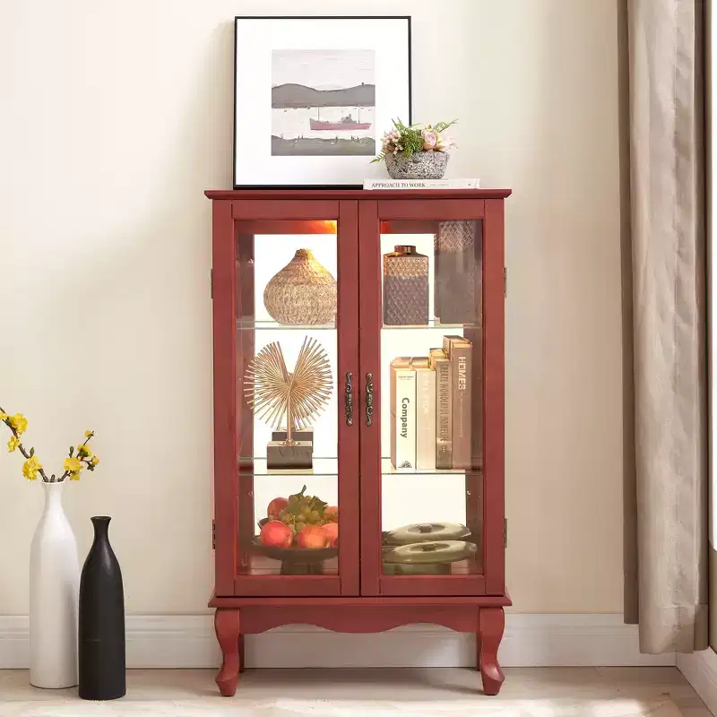 2-Door Curio Cabinet with Tempered Glass Doors, Mirrored Back, Adjustable Shelves & Built-in Light