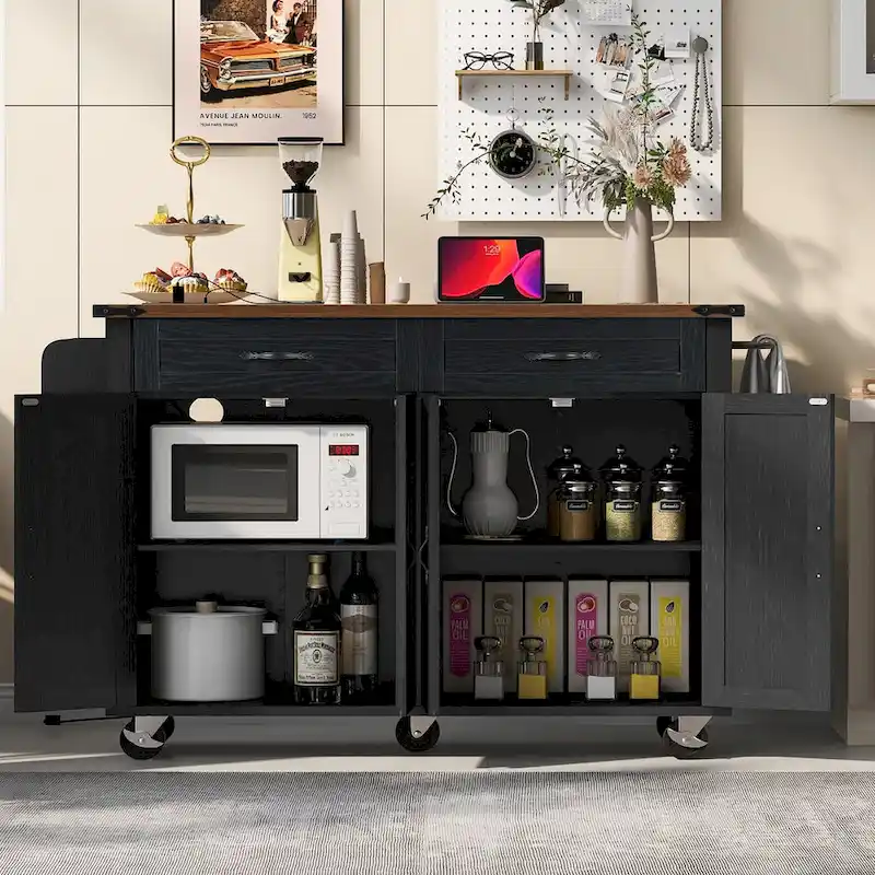 53.5 Farmhouse Kitchen Island Cart with Power Outlet, Drop Leaf, Spice Rack, and 2 Drawers, 5 Wheels