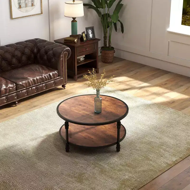 Small Round 2-Tier Coffee Table with Storage Shelf & Metal Frame, Rustic Brown