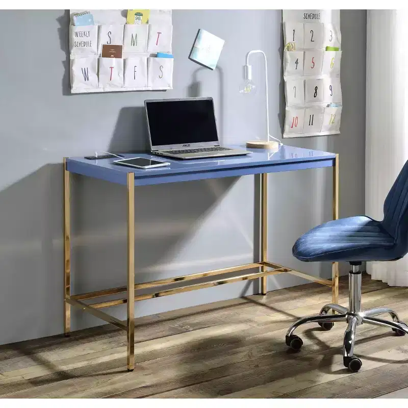 MDF Writing Desk with USB Port & Gold Metal Base 40''W