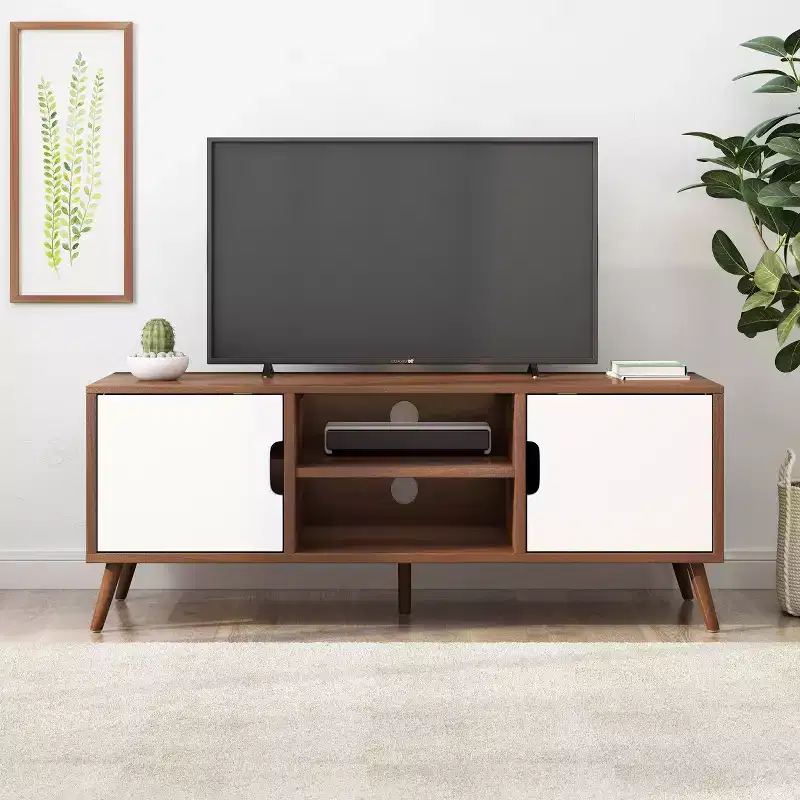GDFStudio Zapara 47.25 Wooden TV Stand with 2-Cabinets, Walnut and White