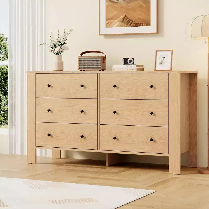 Dresser for Bedroom, 6 Drawer Dresser with Wide Drawer and Metal Handles, Wood Dressers & Chests of Drawers for Hallway, Entryway