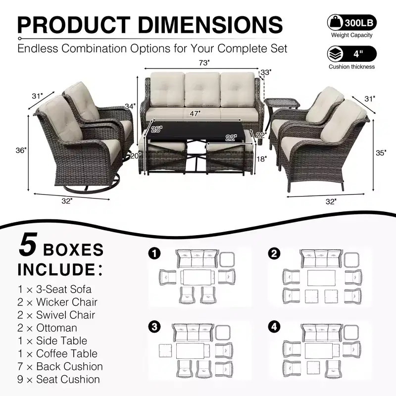 UPTIOT Premium Outdoor Lounge Set with Sofa, Swivel Chairs, and Ottoman for Ultimate Comfort and Style