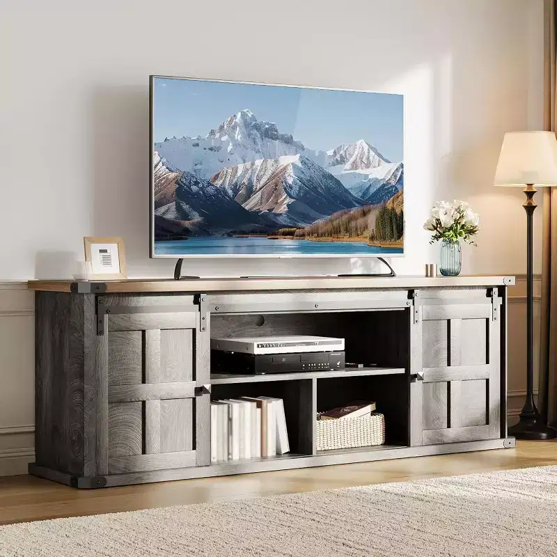 GustoWave 70 Farmhouse TV Stand for 70-80 TVs, Rustic Entertainment Center with Sliding Barn Doors, Storage Cabinets