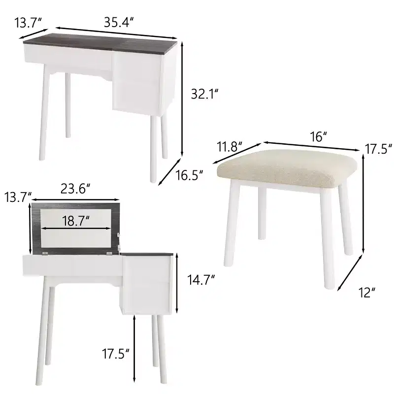 White Makeup Vanity Desk with Flip-Top Mirror, 2 Drawers and 8 Compartments for Bedroom, 3-in-1 Design, Space-Saving Design
