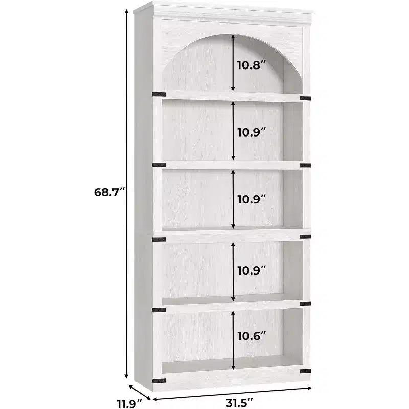 Arched Bookshelf 5-Shelf Farmhouse, 68.7 Tall Wooden Bookcase, Curved Storage Shelf for Living Room, Home Office, Bedroom & Study Decor