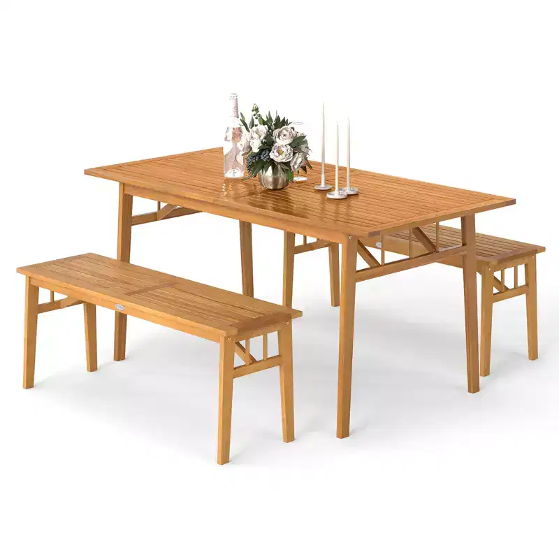 Gymax 3PCS Patio Dining Set Rectangular Picnic Table & 2 Benches w/1.97 Umbrella Hole