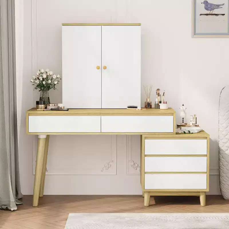 Vanity Desk with Mirror and Lights, Small Makeup Vanity Table with Drawers, Make up Desk for Teen Girls and Women
