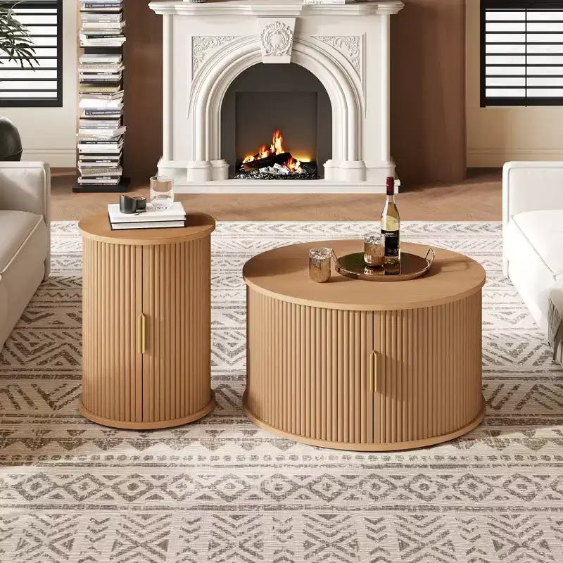 JVNOXK Medieval Style Coffee Table Set with Sliding Roller Shutters, Round Groove Storage Side Table, Gold Handles, for Living Room, Natural Color