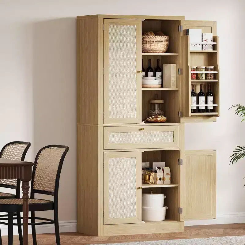 70inch Tall Kitchen Pantry Cabine, Rattan Doors Freestanding Cupboard Storage Cabinet