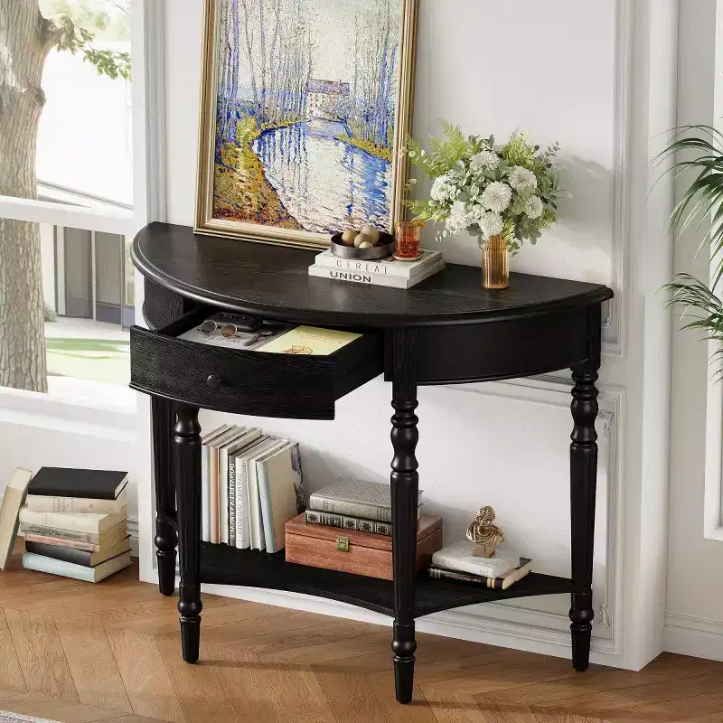 39 French Country Half Moon Console Table, Farmhouse Demilune Entryway Table with Drawer & Storage Shelf - Panipeachy