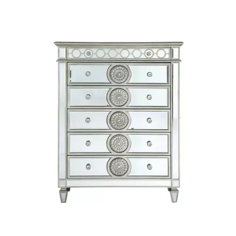 Glam Mirrored Chest of Drawers with Silver Trim – 5 Drawer Bedroom Storage