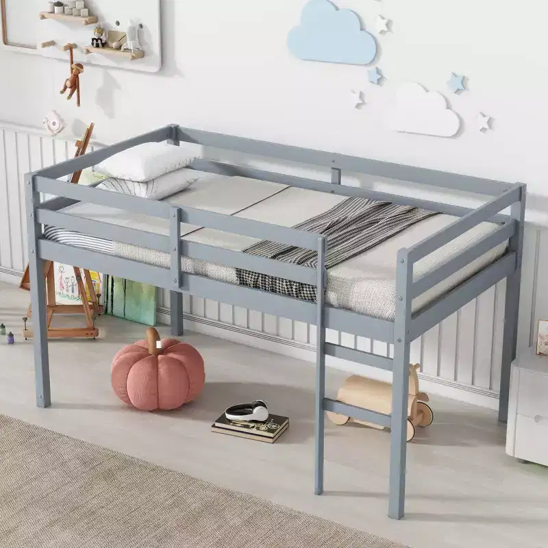 Solid Wooden Twin Loft Bed with Ladder, Bed Platform of Strengthened Slats Gray