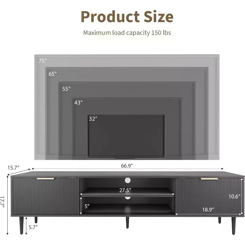 Modern TV Consoles for Living Room 75 in TVs, Entertainment Stand with 2 Large Storage Cabinets, Fluted Panel Design Media Console