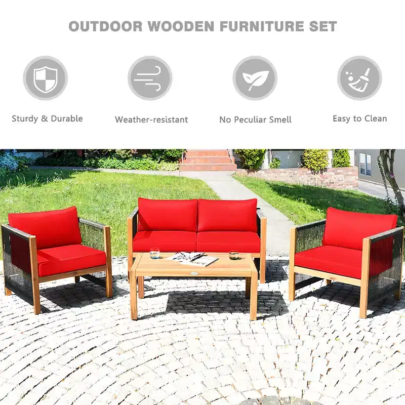 Costway 4PCS Wooden Patio Furniture Set Cushioned Sofa W/Rope Armrest White\Turquoise\Red