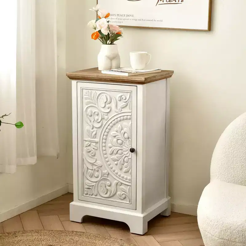 eHemco Ornate Floral Carved End Table with Storage, 18 x 14 x 30.5 Inches, Retro Style Living Room Furniture, Natural and White