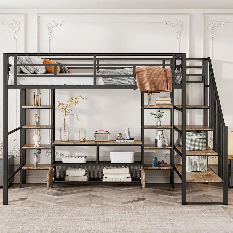 Full Metal Loft Bed with Staircase & Work Table