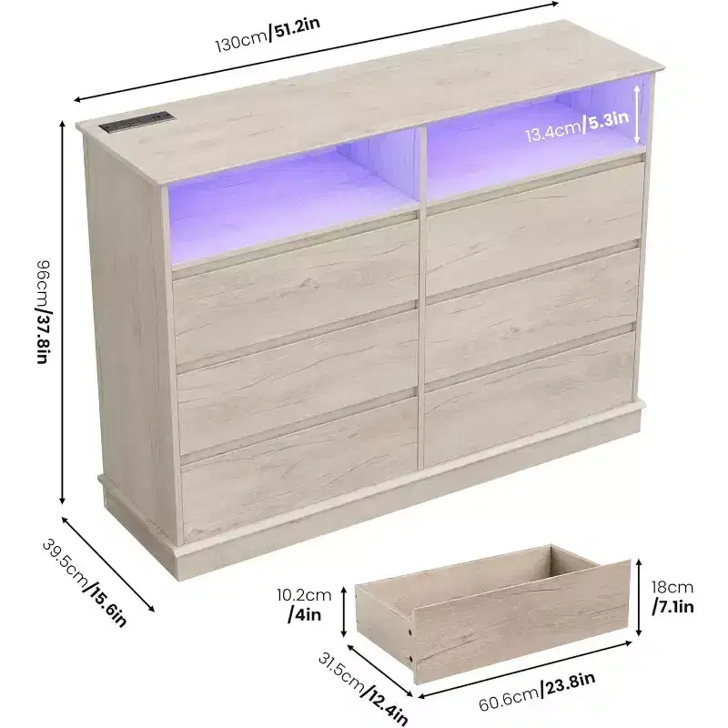 White Dresser for Bedroom, 6 Drawer Dresser with LED Lights and Charging Station, for Living Room, Hallway