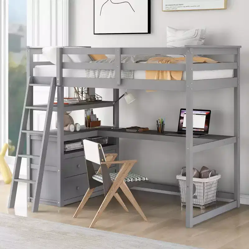 79.5''L*57.1''W Wood Loft Bed with Desk, Shelves and Two Built-in Drawers, Multifunctionl Design