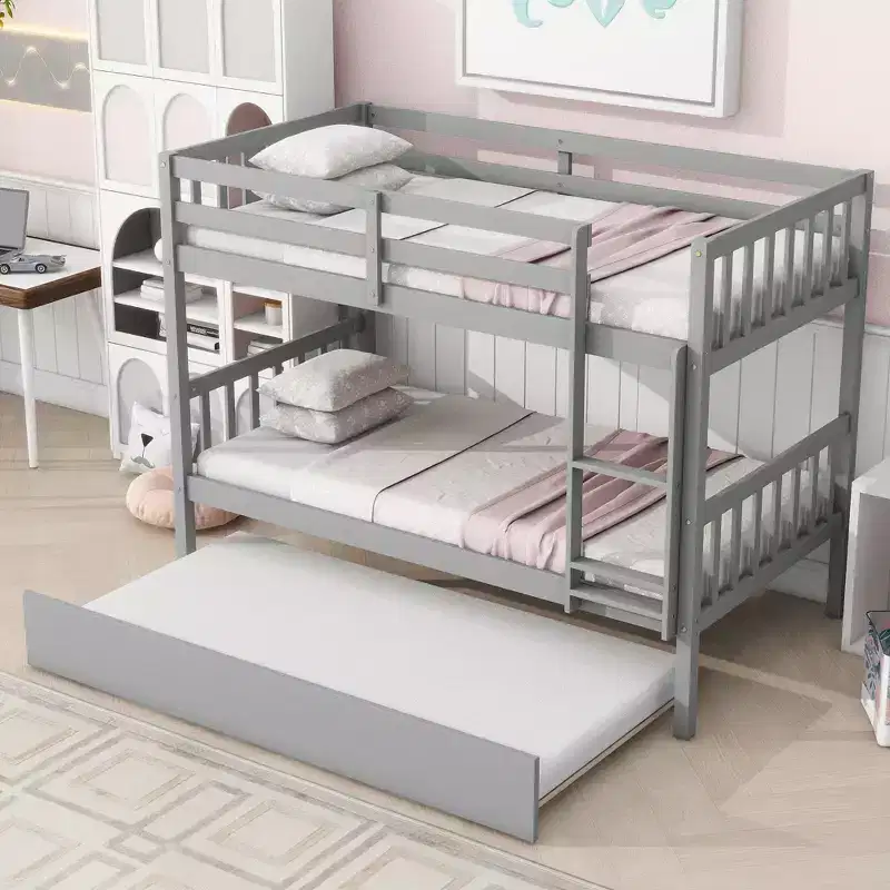 Bellemave Twin Over Twin Bunk Bed with Pull-Out Trundle, Solid Rubberwood, Converts to Two Twin Beds, Ladder & Guardrails, Space-Saving Design