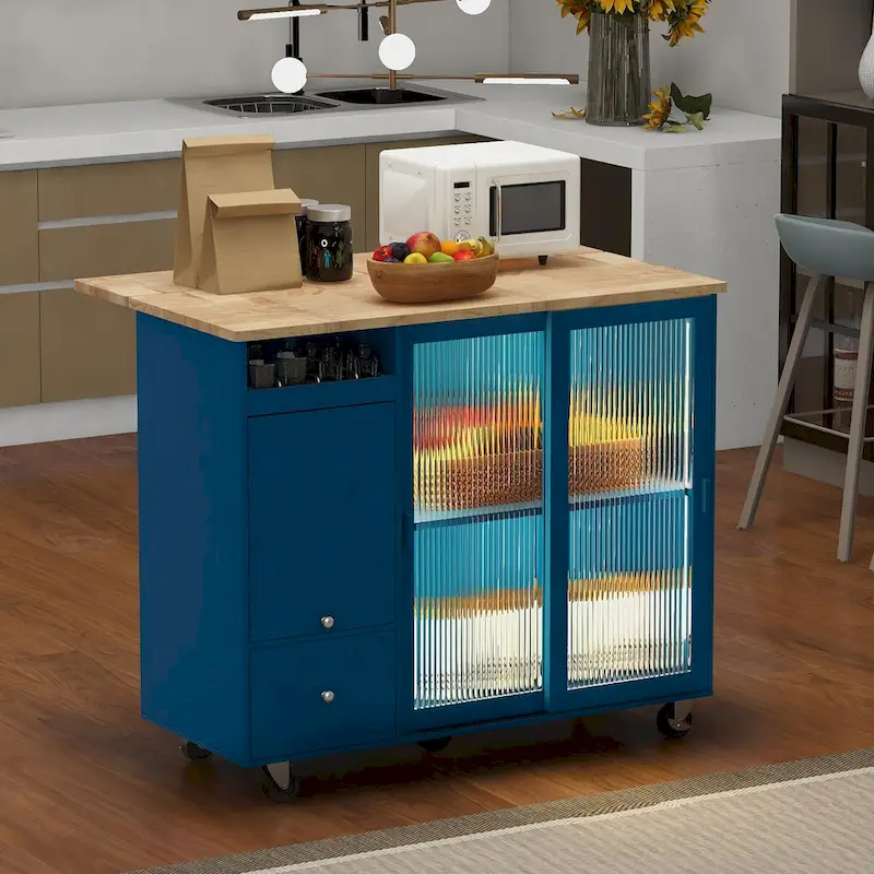 44 in. W Kitchen Island Rubber Wood Drop-Leaf Countertop on 5 Wheels with an Adjustable Shelf and 2 Drawers - 44