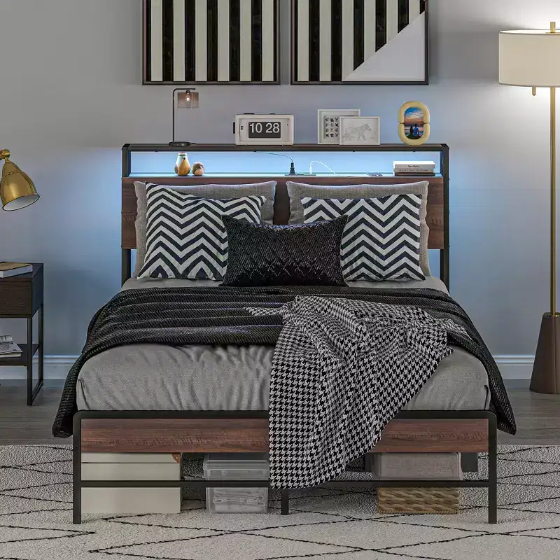 Bed Frame with Headboard, Size Bed Frame with Lights, Charging Station, Storage Shelf, Noise-Free & No Box Spring Needed, Walnut
