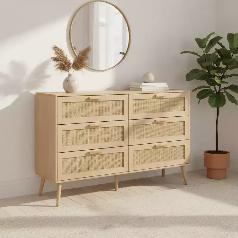 Homy Casa 6-Drawer Dresser with Rattan Fronts for Bedroom, Living Room or Entryway Storage, Natural Wood