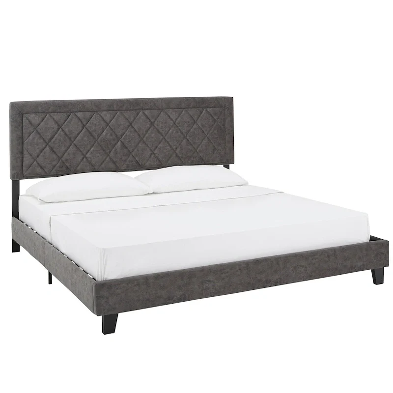 Velvet Upholstered Platform Bed, King Queen Full, Grey Cream Dark Blue Velvet