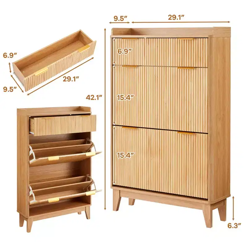 COZONY Narrow Fluted Shoe Cabinet, Slim Double Door Storage Organizer with Adjustable Shelves & 2-Drawer, Compact for Small Spaces
