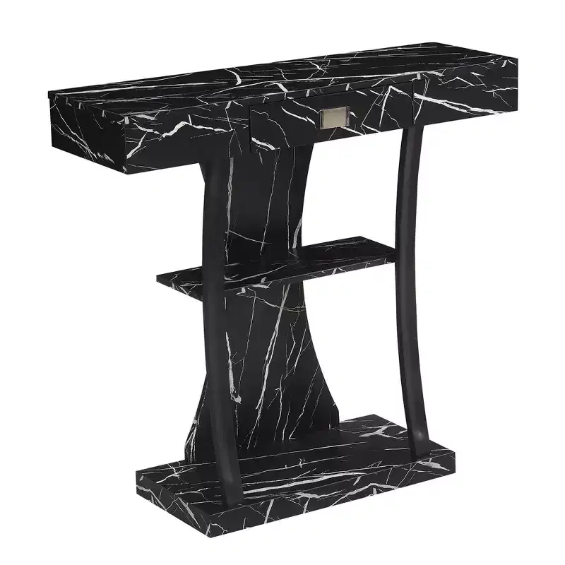 1 Drawer Harri Console Table with Shelves in Black Faux Marble