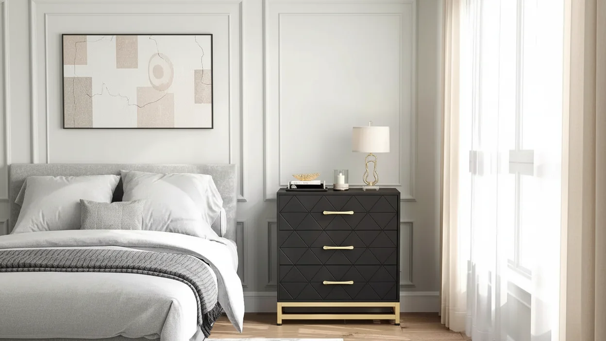 Black / Pink / White 3-Drawer Dresser, Modern Style