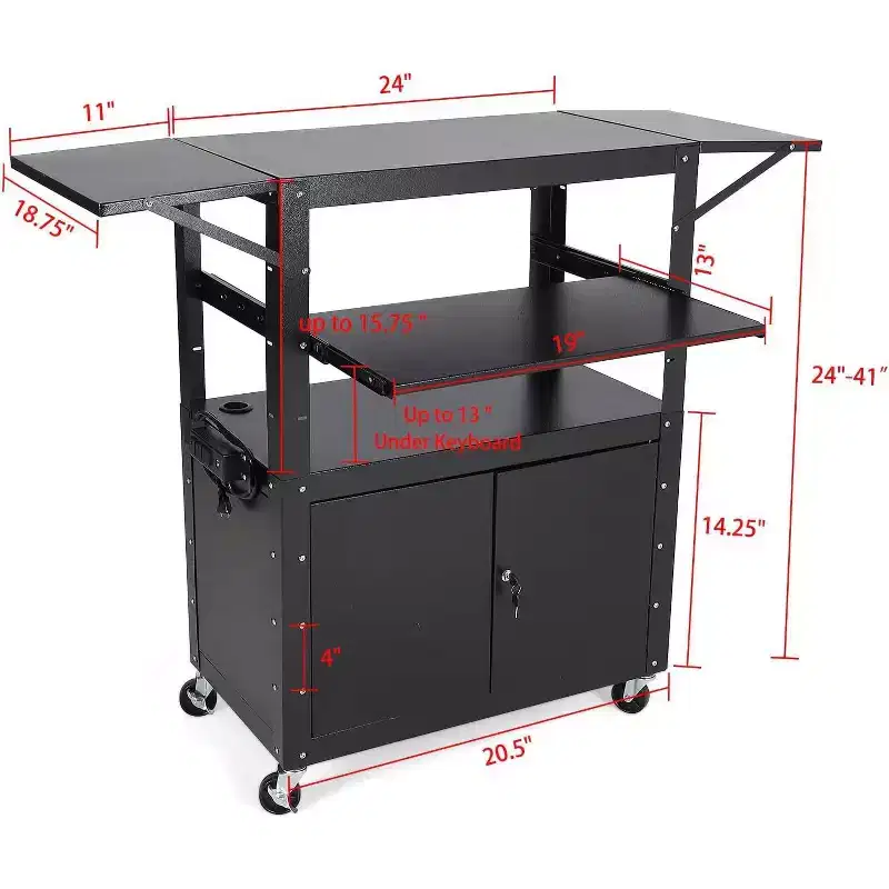 Rolling Av Cart, Height Adjustable Mobile Workstation, Lockable Cabinet, Laptop Stand and Folding Blade, Home Or Office, Black