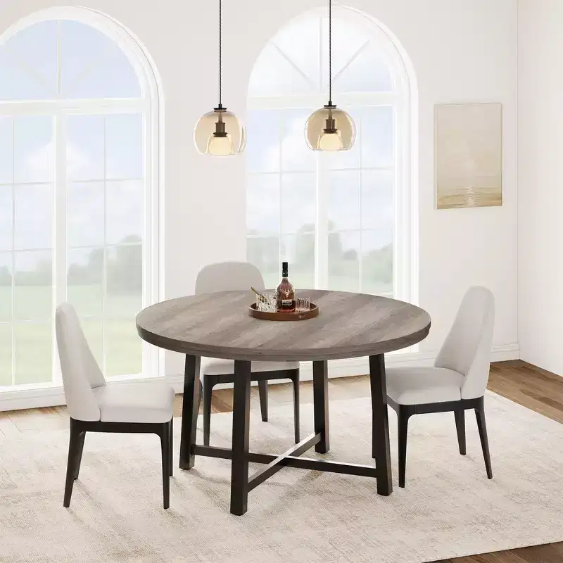 Round dining table, modern industrial-style kitchen table, sturdy metal base