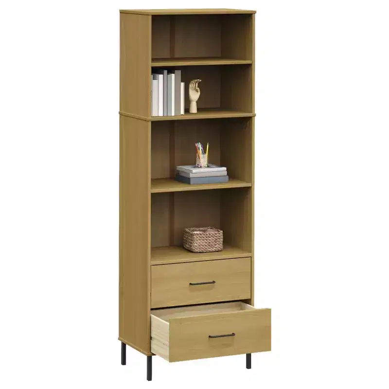 Tall Solid Pine Wood Bookcase with 4 Shelves & 2 Drawers