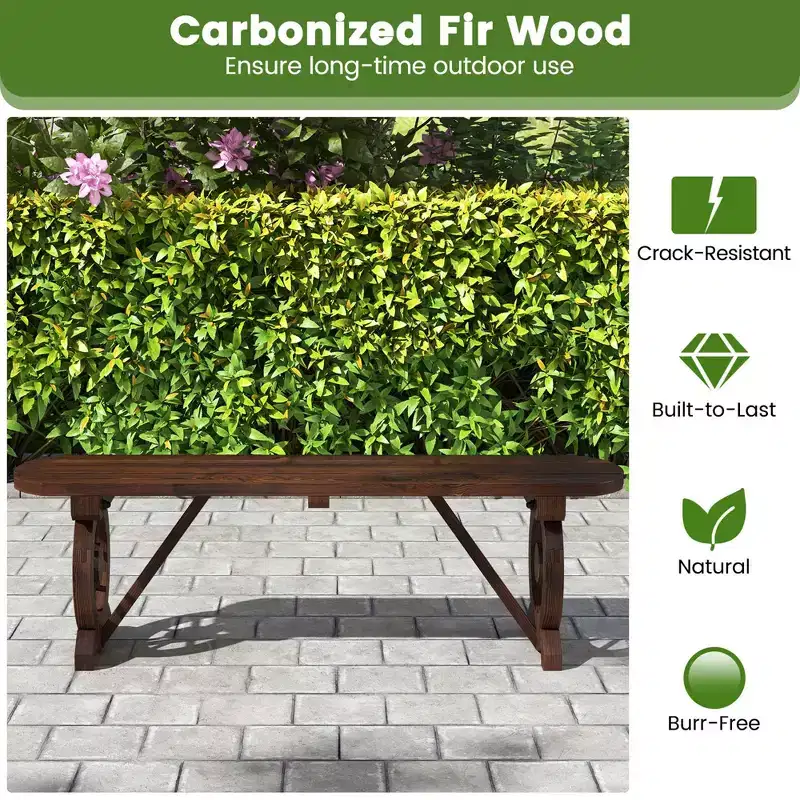 Costway Patio Rustic Wood Bench with Wagon Wheel Base Slatted Seat Design 710 LBS Max Load