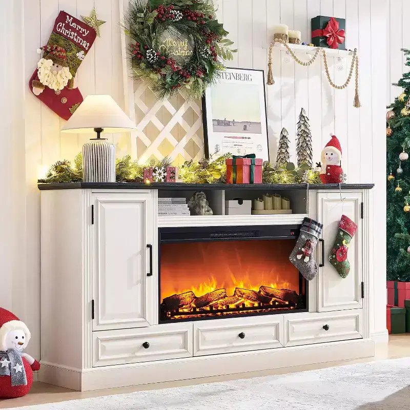 35.7 Tall Fireplace TV Stand for 80 Inch TV with 36 Electric Fireplace, Farmhouse Entertainment Center with Cabinets & Drawers